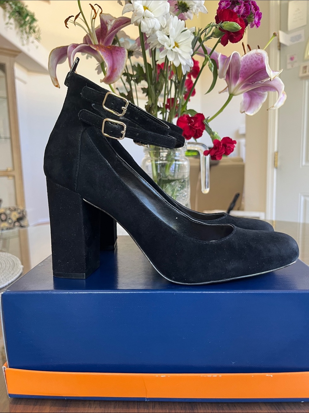 Nine West Black Double-Buckle Ankle-Strap Block leather Heels, 8